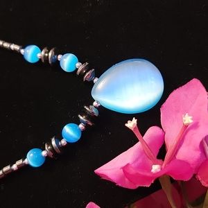 Hematite Black Necklace Blue Plastic Stone Pendant Custom Jewelry